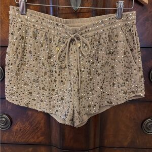 Joie Elastic Waist Drawstring Sequin Shorts in Nude/Tan Size Small